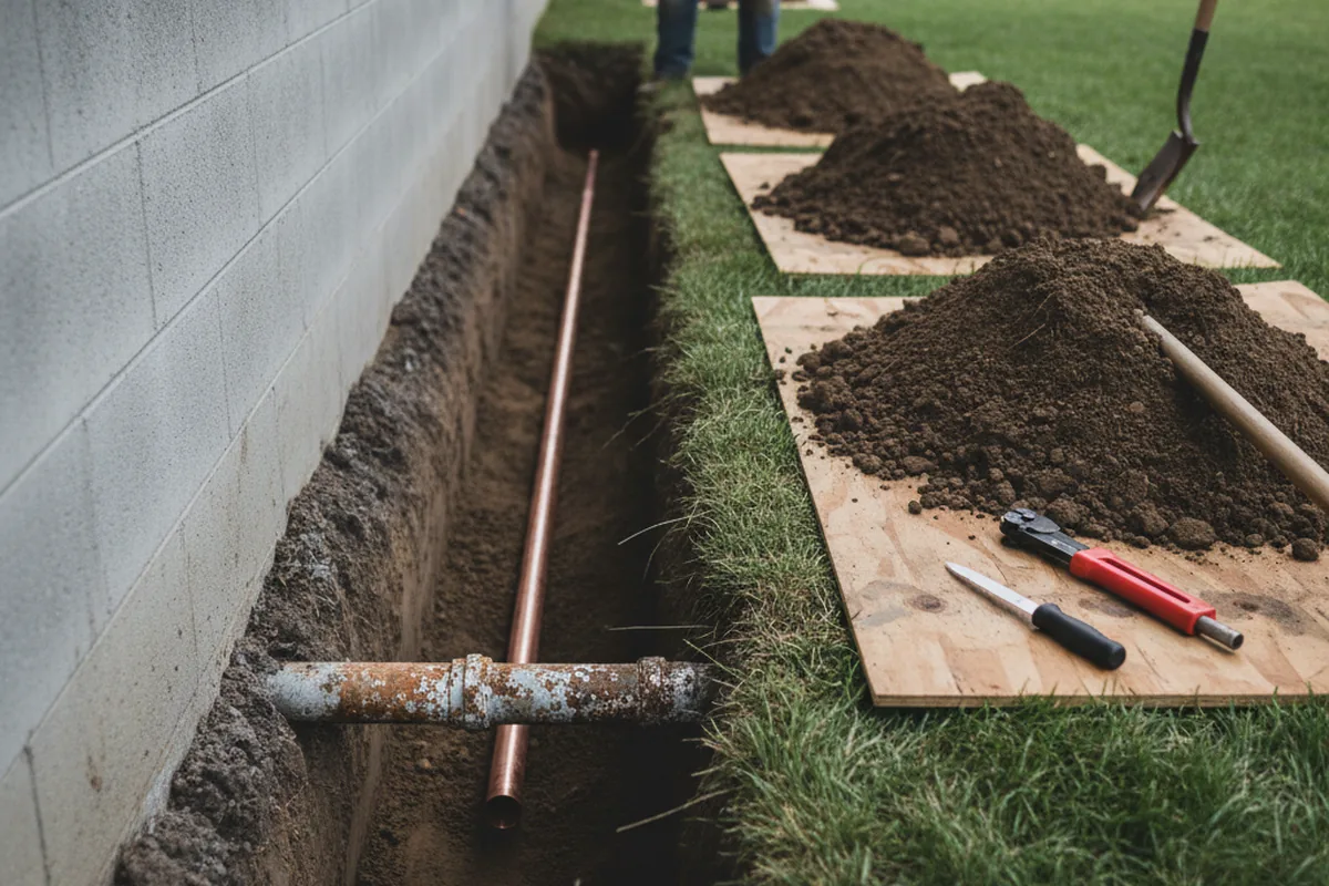 Excavated water line trench during Water Softener Installation in McAdenville